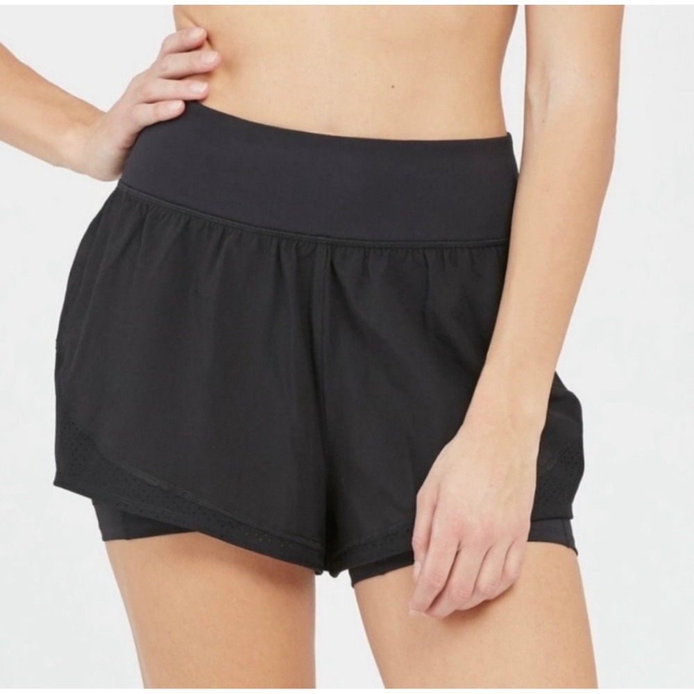 Spanx Get Moving 2-in-1 Running Shorts Black Large High Waist Athletic Gym 3035